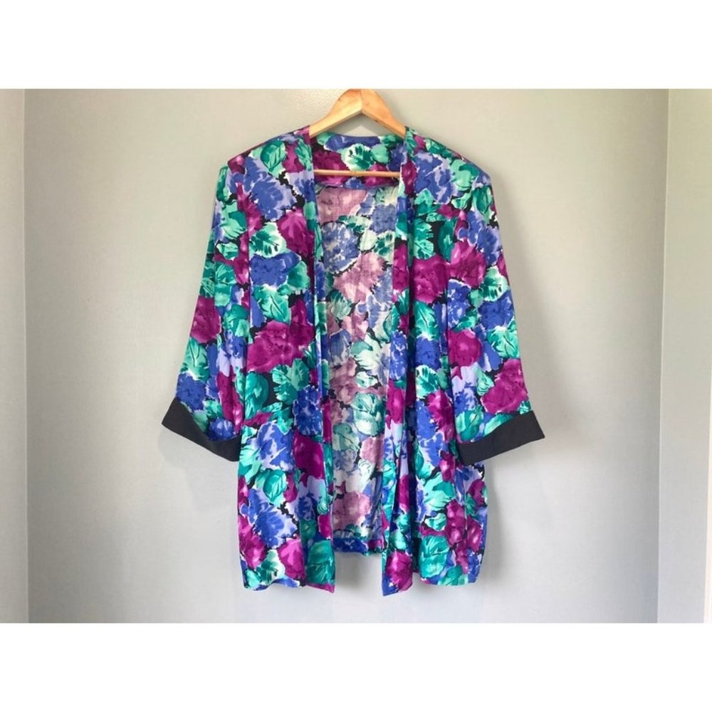 80s Vintage 1X Floral Print Open-Front Blazer 3/4 Sleeves Handmade